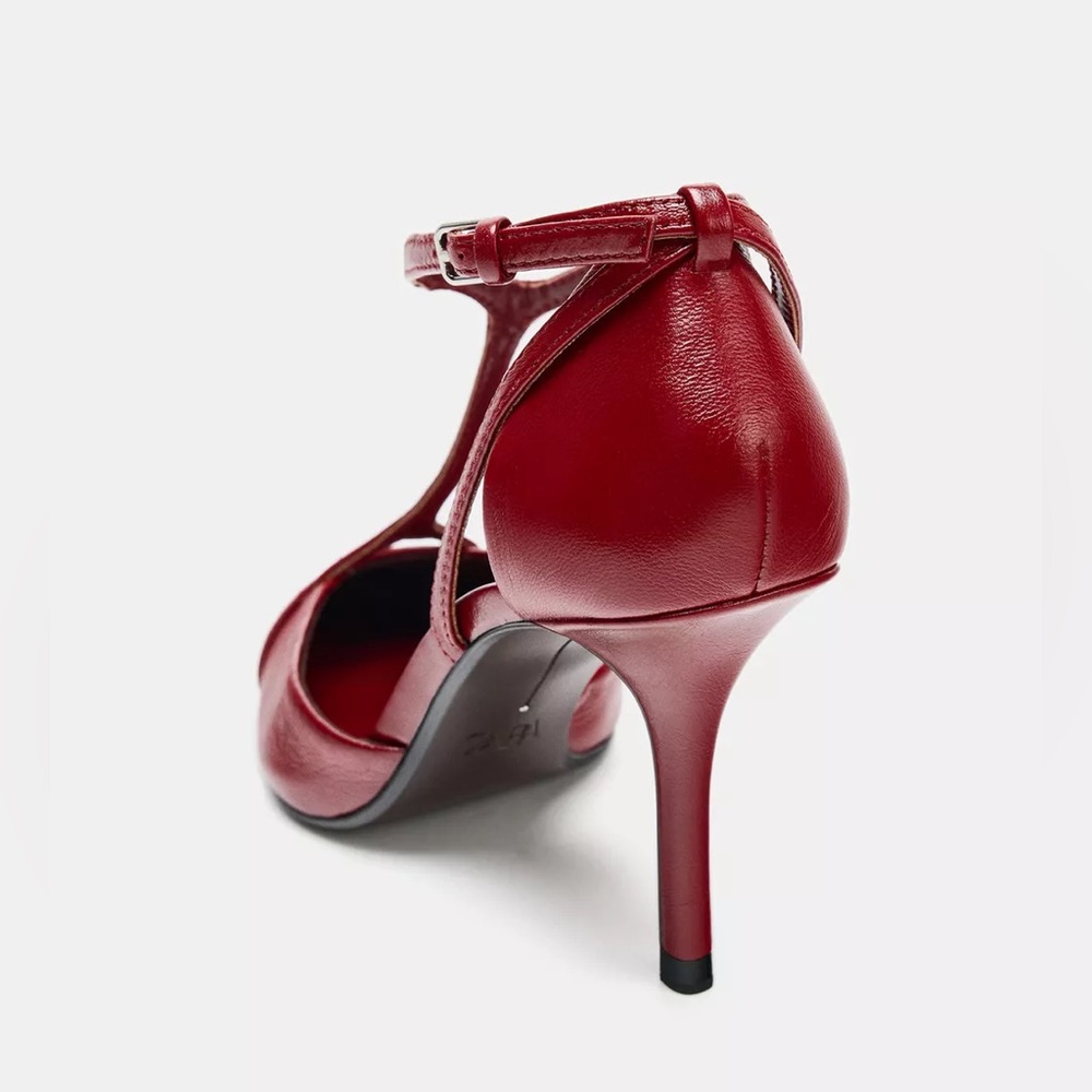 NWT Zara Leather Heel Size US 8, EU 39 Heels Chic Red Thin Ankle Front Strap - Picture 5 of 12